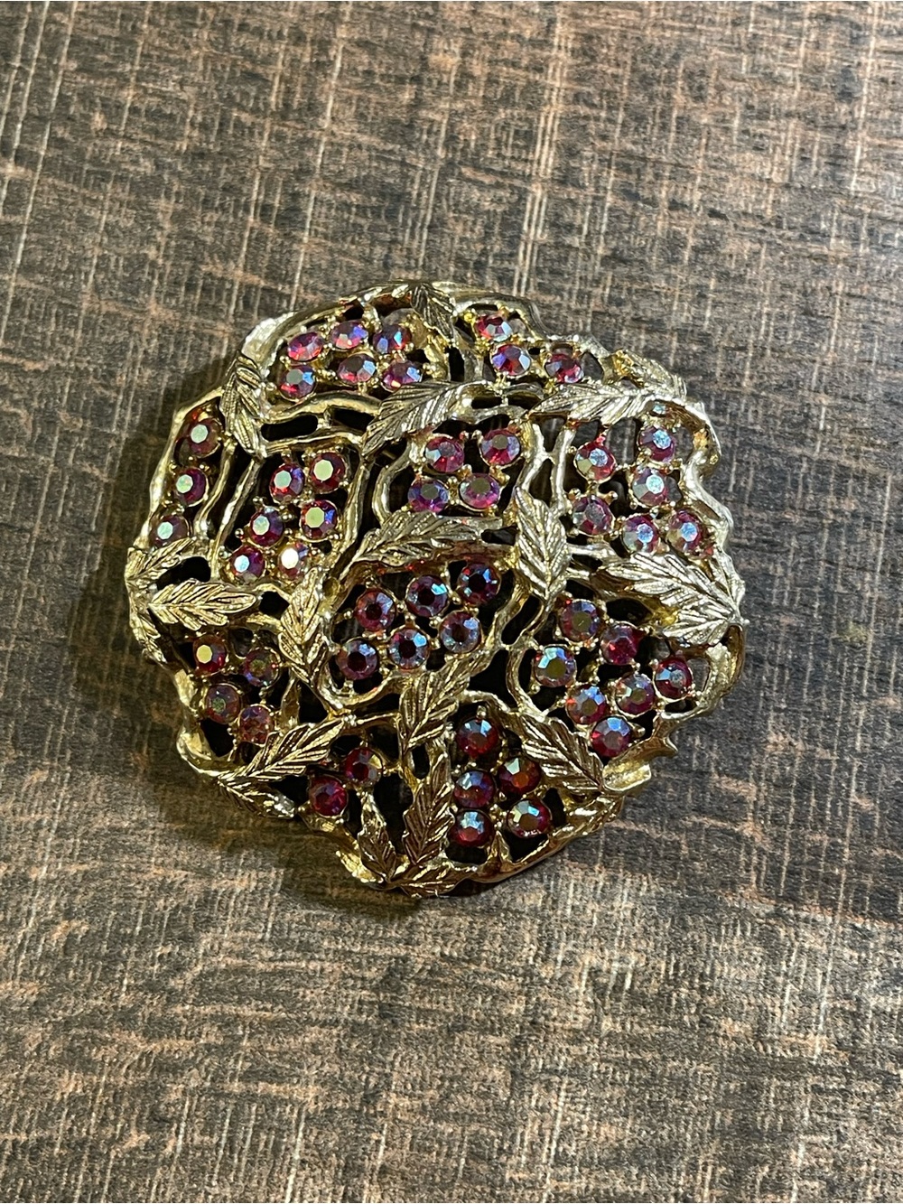 Sarah Coventry Gold-Tone Brooch with Pink/Red Aurora Borealis Stones